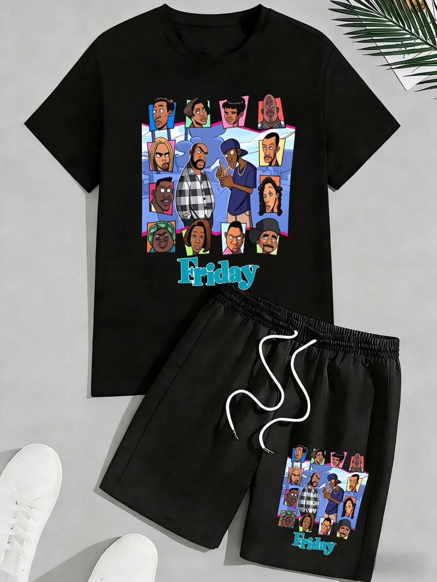 Mens Shirt And Shorts Set Cartoon Character Graphic Soft And Comfortable Crew Neck Short Sleeved Printed T Shirt A Street Style Top Suitable For All Seasons Casual Streetwear Style Crew Neck T Shirt - 黑色 - 查看 1
