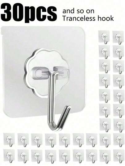30Pcs Transparent Self Adhesive Hooks Heavy Duty Strong Sticky Wall Hangers Waterproof Oilproof No Drill Door Hooks For Kitchen Bathroom Home Ceiling Towel Coat Key Cup Hanging Rack