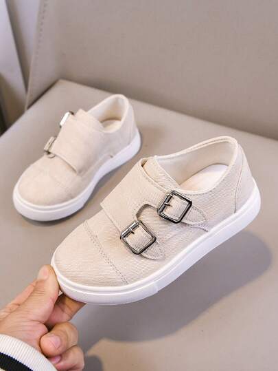 1 Pair Children's Fashion Leather Shoes, Campus Leather Shoes, Double Buckle Design, Lightweight Non-Slip, Simple Beige Color, Hook And Loop + Metal Buckle, Stylish And Comfortable