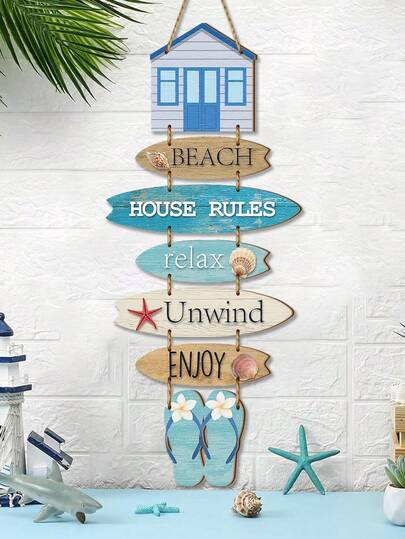7-Piece Beach-Themed Wooden Wall Decoration, Beach Bathroom Decoration Sign, Nautical-Style Hanging Wall Sign, Flip-Flop Sign Decoration, Ocean Art, Coastal Style Decoration, Suitable For Front Door Decoration Of Ocean View Rooms, Beach Outdoor Decoration, Nautical-Themed Home Wall Decoration, Beach-Themed Wall Decoration, Bathroom Wall Decoration