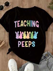 Camiseta de Mujer con Estampado de Conejo de Pascua, Estilo Casual de Primavera para Maestras y Celebraciones de Pascua - Negro - Ver 5
