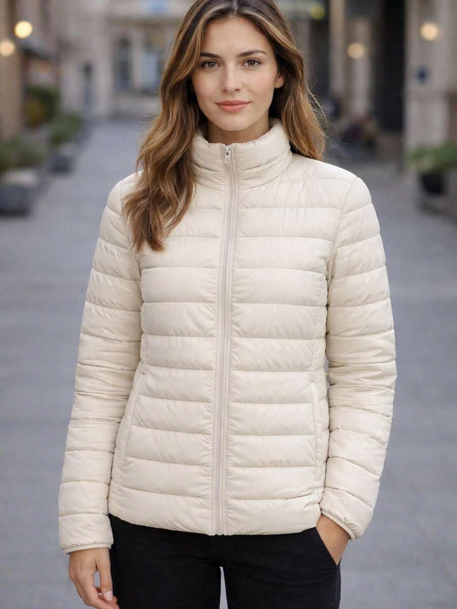 Women's Fleece-Lined Puffer Jacket Without Hood - White - View 1