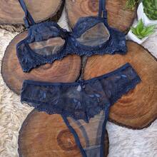 Lingerie Set Without Underwire With Invisible Tulle Sensual Panties Comfortable Bra Margareth Sexy Lingerie Adjustable Straps - 藏蓝色 - 查看 5