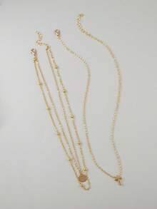 精致金色多层项链，女士款 - 十字架吊坠、圆盘吊坠、串珠链 | 日常简约时尚首饰（串珠数量随机） - 金黃色 - 查看 4