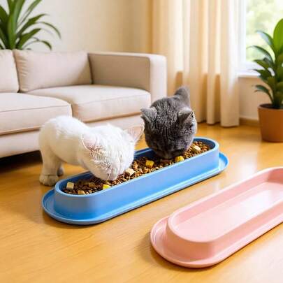 1个加长猫碗，适用于多猫家庭，加长3倍，带颈部保护，防溢防滑倾斜式猫粮水碗，适合3只猫同时进食，颈部保护，底部防滑