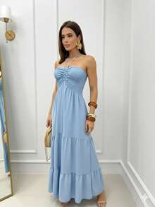 Long Dress With Three Tiers, Elasticated, Multi-Way Detail, Halter Neck, Elegant Boho Style, Gathered Hem With Ruffle, Open Back, Backless, For Weddings. - Baby Blue - View 1