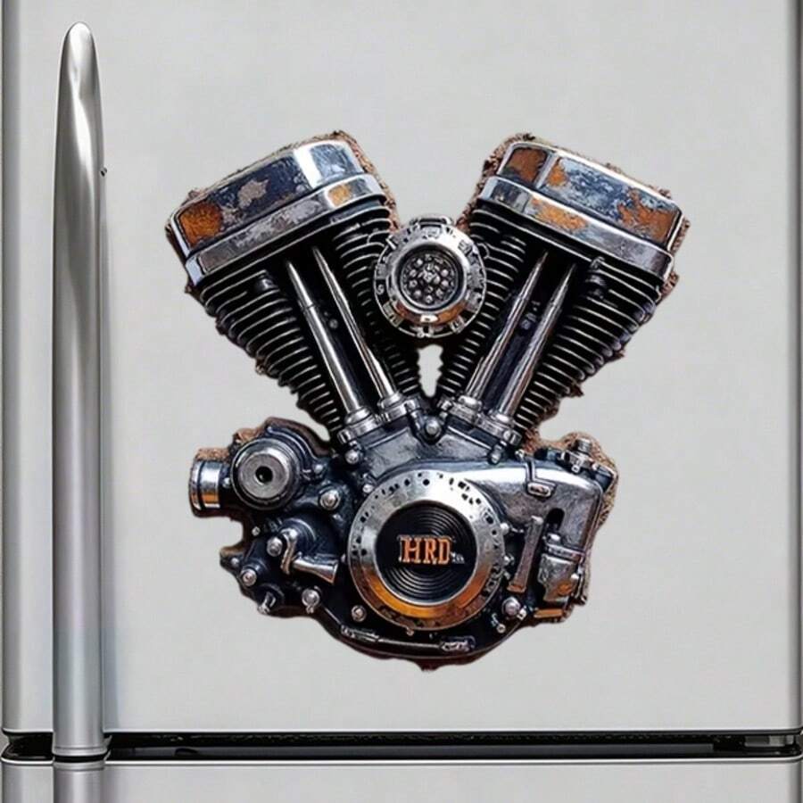 3D Embossed V-Twin Engine Magnet: Lifelike Metal Texture With Cooling Fins, Bolts & Raised Cylinders-Style Mechanical Art For Fridge - A - View 1