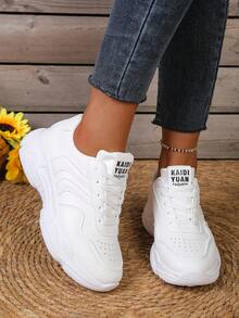 Women's White British Style Lace-Up Sneakers, Round Toe Low-Top Thick Sole Slip-Resistant Casual Shoes, Fashion Breathable Chunky Sneakers For Students - White - View 3