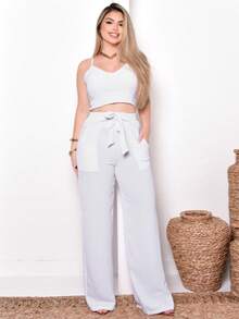 Women's Set: Wide-Leg Pants And Cropped Top With Padded Cups And Adjustable Straps. Available In Autumn/Winter Colors. - White - View 1