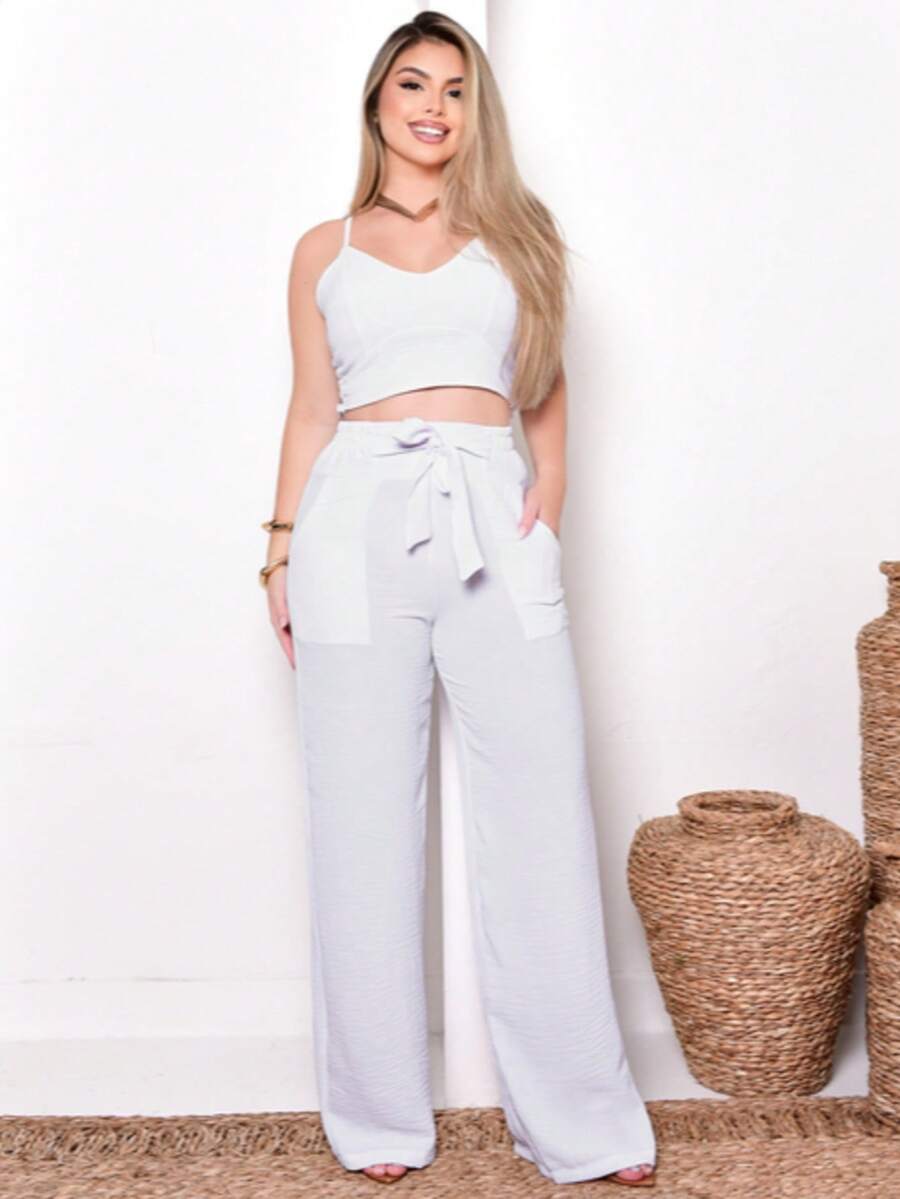 Women's Set: Wide-Leg Pants And Cropped Top With Padded Cups And Adjustable Straps. Available In Autumn/Winter Colors. - White - View 1