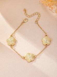 Set 6 buah Kalung, Gelang, Cincin, dan Anting Motif Daun Semanggi Minimalis Retro Elegan, Cocok untuk Pemakaian Sehari-hari - Yellow Gold - View 3