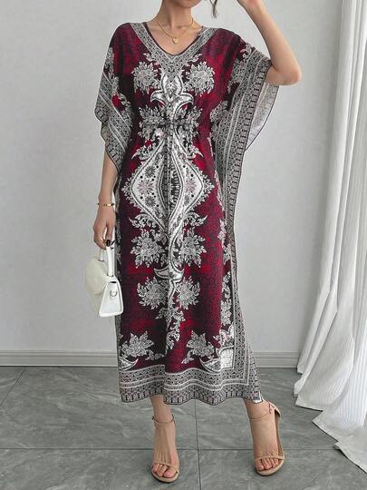 Middle Eastern Arabic Loose V-Neck Breathable High-End Quality Casual Convertible Elastic Waist Slimming Vacation Short Sleeve Dress, Plus Size Abaya Robe Gown, Traditional Arabic Clothing, Holiday Party Evening Dress, Autumn/Winter