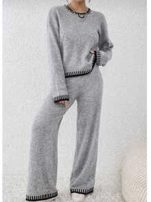 Basic Striped Mousse Women's Knit Set For Autumn/Winter - Light Grey - View 2