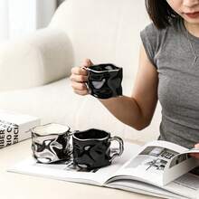 350毫升奢华不规则扭曲马克杯，镀银陶瓷咖啡杯带把手，创意褶皱纹理茶杯，适用于办公室和家庭 - 彩色 - 查看 4