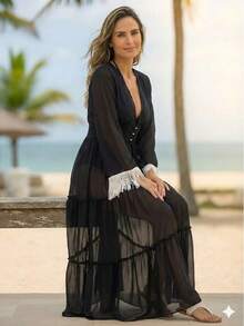 Long Kimono Beach Cover-Up With Long Sleeves And Fringe – Resort - 黑色 - 查看 2
