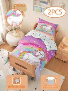 2pcs/Set Toddler Cartoon Unicorn Quilt Set Suitable For Baby Crib Newborn Bed, Machine Washable, Holiday Gift (No Filling) 100% Polyester - Multicolor - View 3