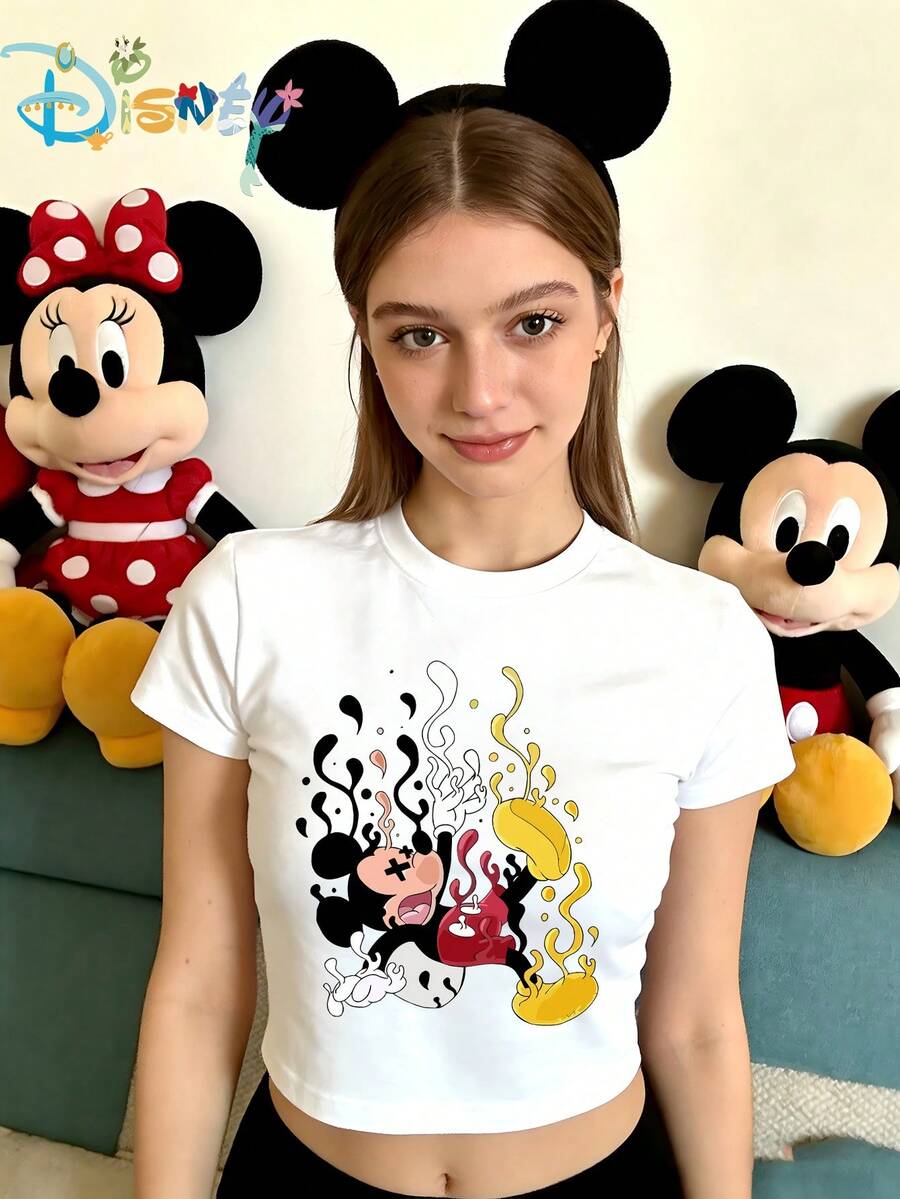 Disney Ladies' Sexy Short-Sleeved Round-Neck Polyester T-Shirt, Printed With  Pattern From - 白色 - 查看 1