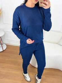 Women's Ribbed Knit Set: Mullet Blouse With Long Sleeves, Sweatshirt Set, Sweater, And Jogger Pants With Drawstring Cuffs - Winter Look - 大學藍 - 查看 5