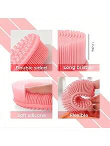 1pc Silicone Shower Cleaning Brush, Silicone Shampoo Shower Brush, Adult Double-Sided Exfoliating Brush, Massage Bath Brush, Bathroom Cleaning Tool, Storage Bag, Organizer, Holder, Hair Clips - Solid Color - View 3