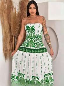 Tropical Long Strapless Printed Dress – Women's Fashion FAST DELIVERY - Green - View 1