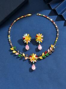 1 Set de Collar y Aretes de Mujer con Flor, Joyería de Cobre y Circonita - Color 8557-3 - Ver 7