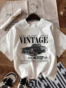 Women's Oversized Short-Sleeve Crew Neck T-Shirt With Vintage Car Paw Print For Casual Looks - trắng - Xem 4