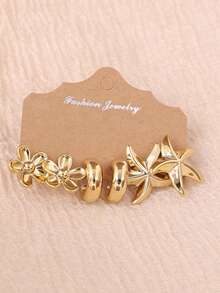 6/18pcs Gold-Tone Fashion Earring Set For Women, Includes 5-Petal Flower & Small C-Shaped Designs, Stylish & Elegant, Suitable For Daily, Party, And Gift Giving For Friends & Mothers - Multicolor - View 4