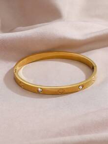Juego de pulsera de trébol de cuatro hojas de lujo con diamante de imitación + anillo cuadrado con diamante, joyería chapada en oro, uso en capas para el ambiente de viaje y diario, anillo de dedo versátil - Dorado - Ver 1