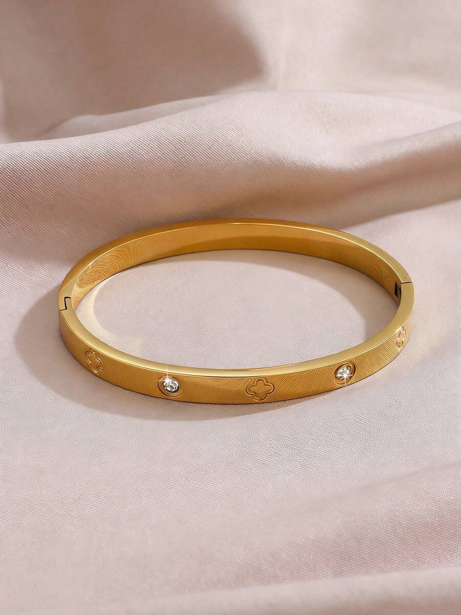Juego de pulsera de trébol de cuatro hojas de lujo con diamante de imitación + anillo cuadrado con diamante, joyería chapada en oro, uso en capas para el ambiente de viaje y diario, anillo de dedo versátil - Dorado - Ver 1