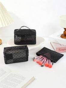 3pcs Women's Travel Makeup Bag Set. Classic Polka Dot Mesh Multi-Piece Multifunctional Handheld Makeup Organizer Bag, Large Capacity Travel Essential - Multicolor - View 13