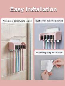 1 pezzo Porta spazzolini da denti montato a parete con 5 slot, organizer per spazzolini da denti a prova di polvere e impermeabile per il bagno, senza bisogno di forare, disponibile in 3 colori - Multicolore - Visualizzare 3