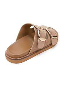 Mules And Plateforms And Double Boucles Dorées In Suédine - Khaki - View 5