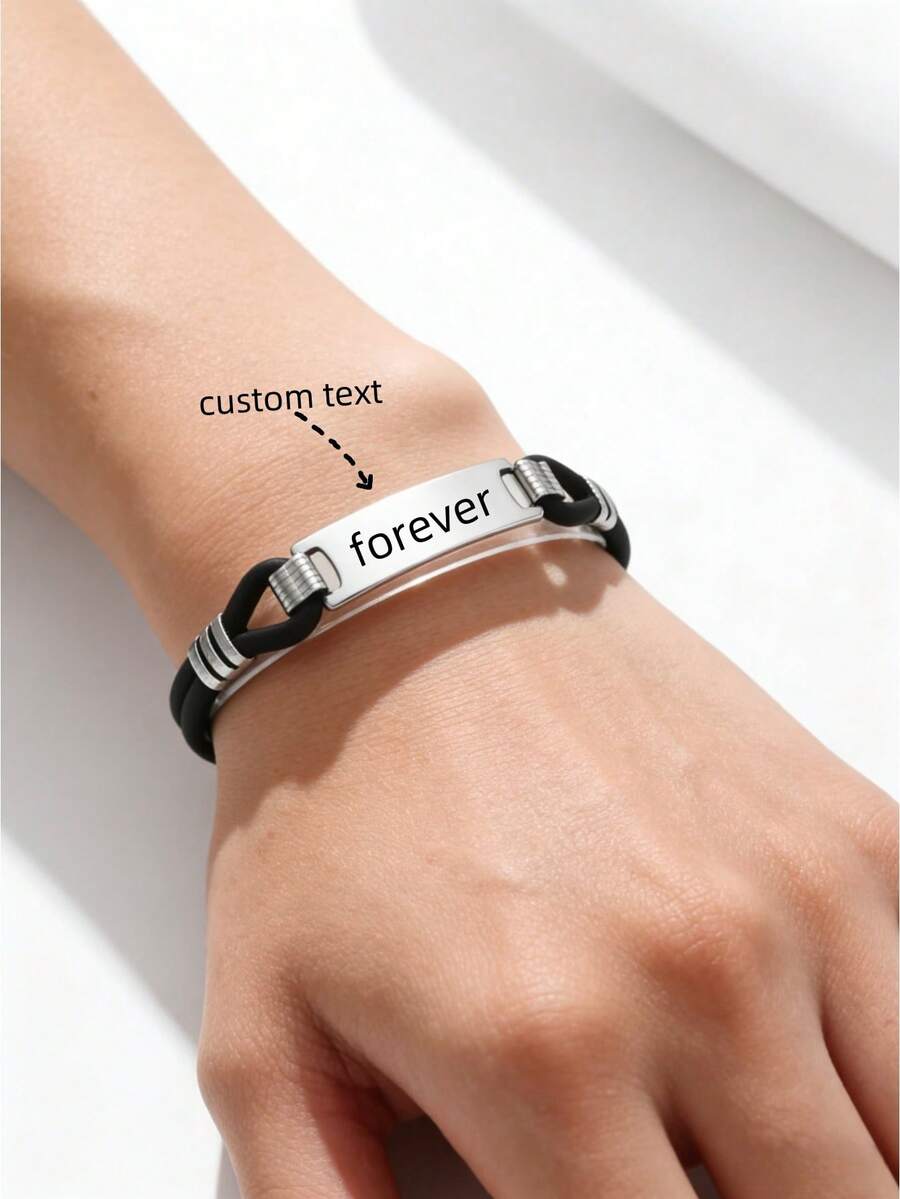 Customizable Spring/Summer New Silicone Stainless Steel Bracelet With Steel Tag, Can Be Personalized With Engraved Text, Titanium Steel Bracelet. Minimalist, Fashionable, Elegant, Suitable As Gift. - Multicolor - View 1