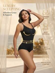 1 pieza Body sin mangas con cuello en V para mujer, control de abdomen y levantamiento de glúteos, alta elasticidad - Negro - Ver 7