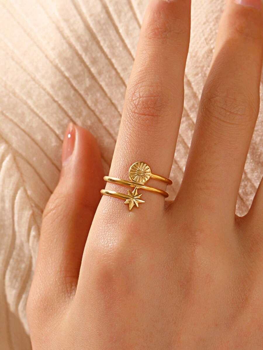 1pc 18K Gold Plated Stainless Steel Geometric Star Open Ring, Suitable For Women's Daily Wear, Holiday Gift - Gold - View 1