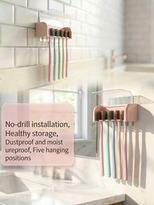 1 pezzo Porta spazzolini da denti montato a parete con 5 slot, organizer per spazzolini da denti a prova di polvere e impermeabile per il bagno, senza bisogno di forare, disponibile in 3 colori - Multicolore - Visualizzare 7