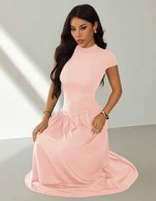 Women's Long Dress With High Neck, Short Sleeves, Loose Fit, Evangelical/Formal Fashion - Màu Hồng baby - Xem 5