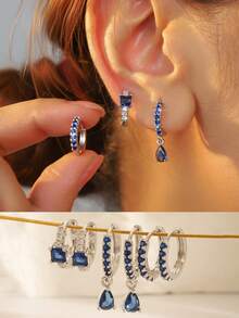 6pcs Set Elegant Fashion Cubic Zirconia Waterdrop Geometric Copper Earrings Set, Golden Personalized Earrings, Fashionable Birthday Gift, Suitable For Women's Daily, Festival, Party Wear And Gifts For Friends - Silver Blue - View 3