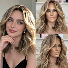 Glueless Lace Wig Synthetic 13x4 Lace Front Wigs For Women Medium DArk Brown Highlights Body Wave Wig Middle Part Realistic Look - Blonde Highlight - View 6