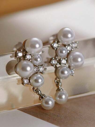 1 Pair Luxury Cubic Zirconia & Faux Pearl Drop Earrings For Women For Wedding Engagement Anniversary Party Jewelry Valentine's Day Gift