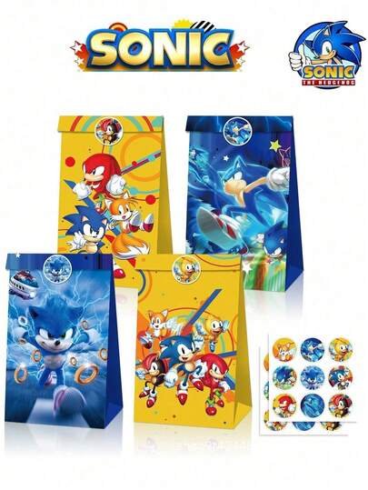 asmodee 12PCS/24PCS Anime Periphery Party Candy Bag Kraft Paper Bag Games Anime Figure Hedgehog Image Party Packaging Bag Festival Gift Bag