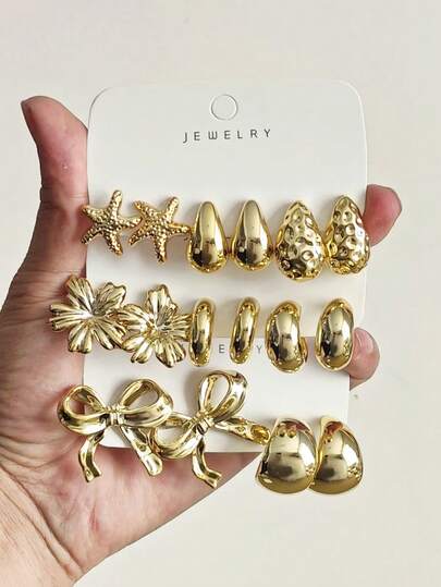 4/6/16pcs Gold-Tone Fashion Earring Set For Women, Includes Flower, Teardrop, Heart, And C-Shaped Designs, Elegant And Suitable For Daily, Party, And Gift Giving