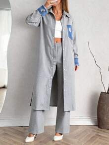 Women Boho Casual Denım Pocket Detailed Stripe Pant And Long Blouse Two Peices Set - Beige - View 4