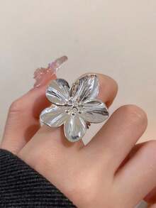 Anillo abierto con flor delicada, anillo con diseño de mariposa de strass y perla falsa, joyería elegante y de moda para mujeres - Anillo de cinco flores - Ver 3