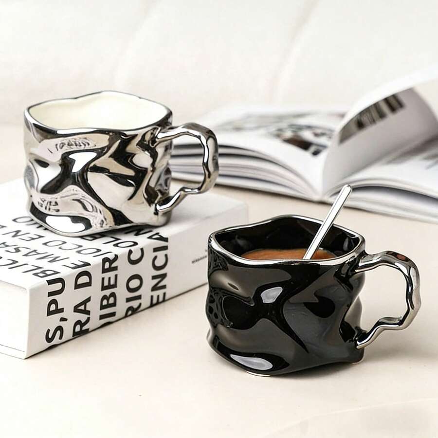350毫升奢华不规则扭曲马克杯，镀银陶瓷咖啡杯带把手，创意褶皱纹理茶杯，适用于办公室和家庭 - 彩色 - 查看 1