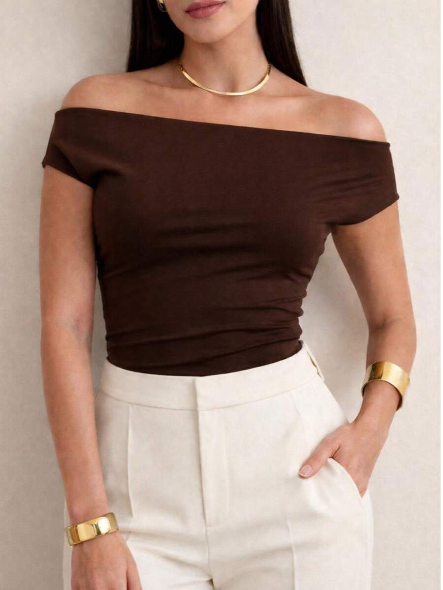 Women's Off-Shoulder Blouse In Premium Supplex Fabric – Elegance - 鏽棕色 - 查看 1