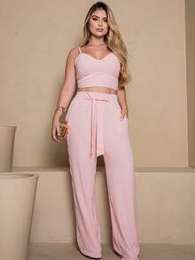 Women's Set: Wide-Leg Pants And Cropped Top With Padded Cups And Adjustable Straps. Available In Autumn/Winter Colors. - Baby Pink - View 2