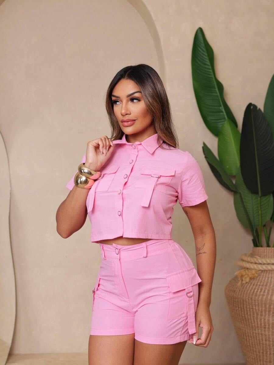 MEGA CONJUNTO!! Com Bolso e Botões na frente em alta!! - Rosa Bebê - Visão 1