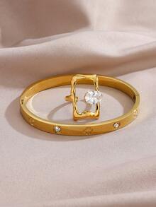Juego de pulsera de trébol de cuatro hojas de lujo con diamante de imitación + anillo cuadrado con diamante, joyería chapada en oro, uso en capas para el ambiente de viaje y diario, anillo de dedo versátil - Dorado - Ver 2