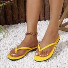 Women's Elegant & Comfortable Flip Flops, Casual Street Fashion Personalized Vacation, Yellow Plain Color Outside Wear Flat Slip On Thong Sandals Suitable For Spring/Summer, Beach - Yellow - View 9